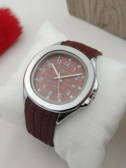 Patek Philippe Geneve Stylish Watch with Silicon Strap and Silver Dial