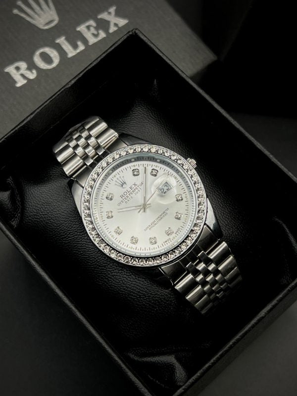 Rolex Quartz Stylish Stone Watch with Adjustable Silver Chain Strap