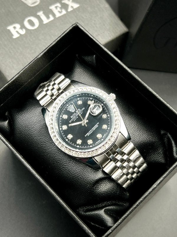 Rolex Quartz Stylish Stone Watch with Adjustable Silver Chain Strap