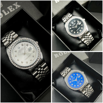 Rolex Quartz Stylish Stone Watch with Adjustable Silver Chain Strap