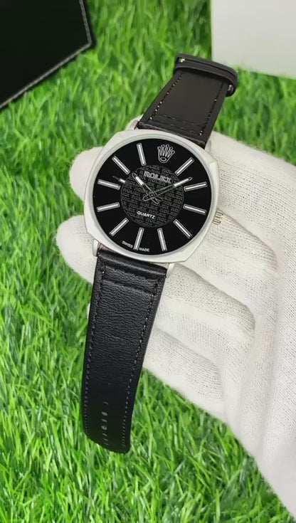 Rolex Quartz Swiss Made Stylish Watch with Adjustable Black Leather Strap